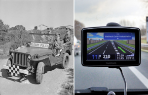 Four members of the 3rd Infantry Division Military Police driving in a Jeep + GPS unit attached to the windshield of a car