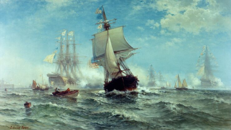 Painting of the USS Ranger (1777) at sea with French ships