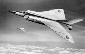 Illustration of two Avro Arrows in flight