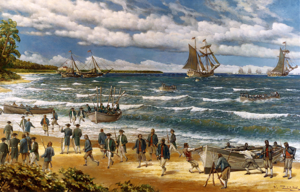 Oil painting of the Continental fleet landing in the Bahamas during the Battle of Nassau