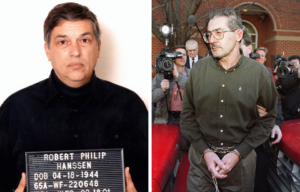 Robert Hanssen's mugshot + Robert Hanssen being led by police in handcuffs