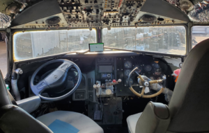 A DC-3 that has been turned into an RV, showing the inside of the cockpit/driver's seat.