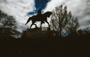 A statue of Confederate General Robert E. Lee is seen in Market Street Park on April 1, 2021 in Charlottesville, Virginia.