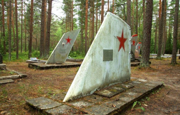 Aircraft tails sticking out of the forest ground at Ämari Pilots' Cemetery