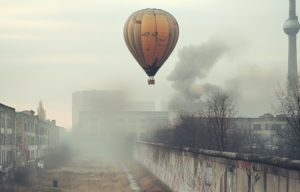 AI rendering of a hot air balloon floating over the Berlin Wall