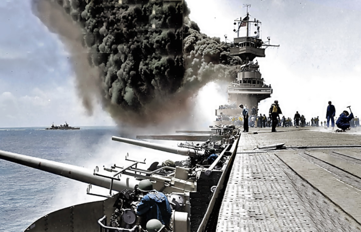 Guns being fired aboard the USS Yorktown (CV-5)