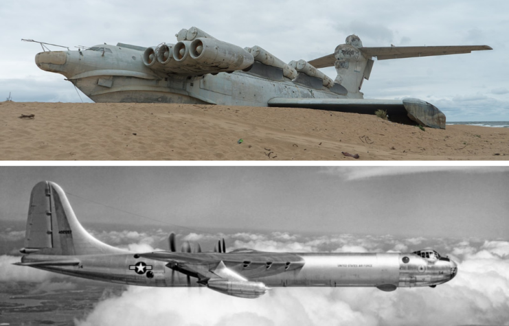 MD-160 on a beach + Convair B-36 Peacemaker in flight