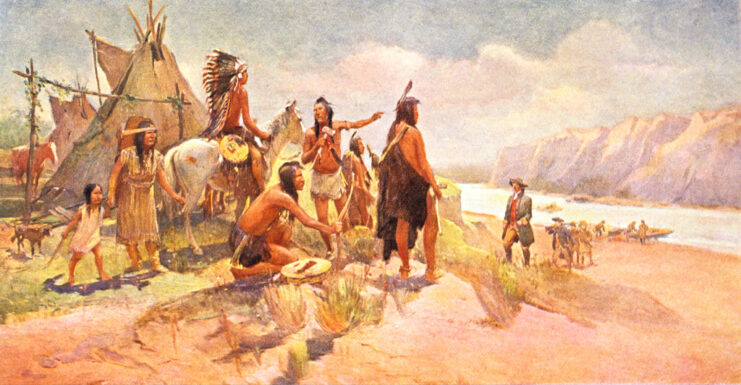 Painting of the Lewis and Clark Expedition meeting a Native American tribe