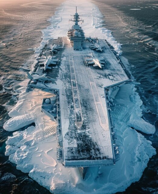 AI rendering of an aircraft carrier made of ice