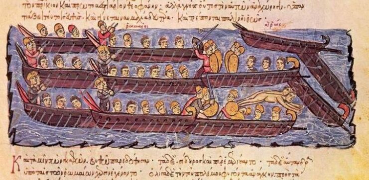 Illustration of Rus' and Byzantine soldiers fighting at sea