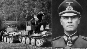 A column of German tanks + a portrait of Erwin Rommel