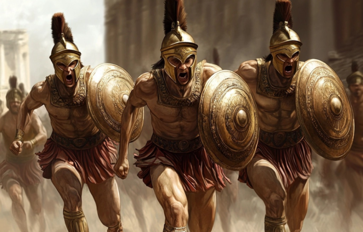 AI rendering of Athenian Hoplites running into battle