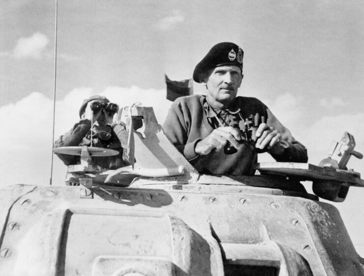 Bernard Montgomery sitting in an M3 Grant