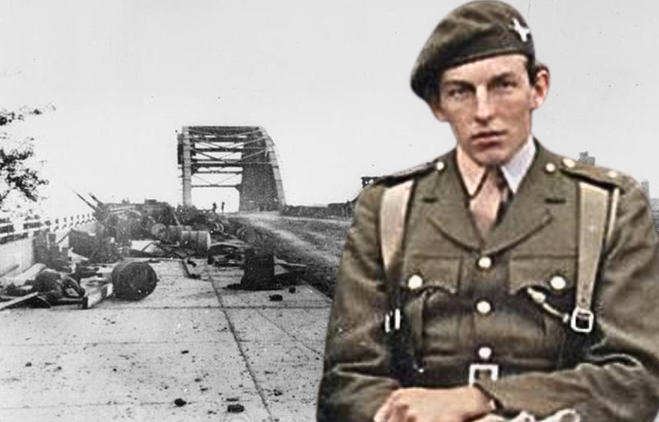 Debris strewn across Arnhem Bridge + Allison "Digby" Tatham-Warter sitting in his military uniform