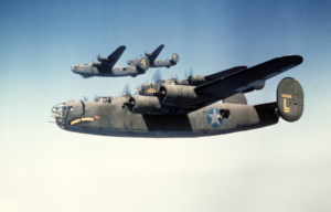 U.S. Army Air Forces Consolidated B-24D Liberators of the 93rd Bomb Group flying in formation, circa in 1943.