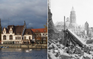 View of Konstanz from the water + Rubble strewn across a city