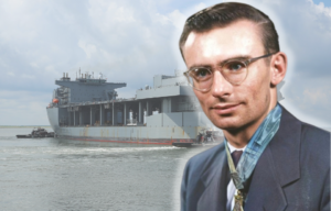 USNS Lewis B. Puller (T-ESB-3) at sea + Portrait of Robert Simanek wearing his Medal of Honor