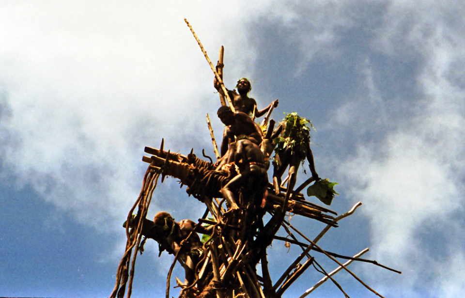 Individuals standing atop a land diving platform