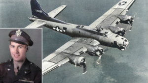 Military portrait of Ernest N. Vienneau + B-17 Flying Fortress in the air