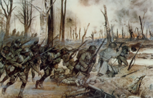 In this National Guard historic painting by H. Charles McBarron, Soldiers of the 369th Infantry Regiment, the Harlem Hellfighters, go into action near Sechault, France, on September 29, 1918 during the Meuse-Argonne offensive.