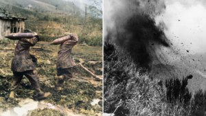 Two men carrying munitions + smoke emanating from a ground attack