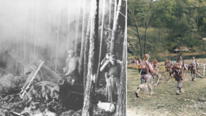 German soldiers setting off an infantry gun in the forest + American infantrymen walking beside a stream