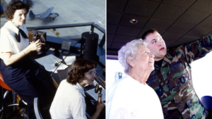 Two female air traffic controllers + Mary Chance VanScyoc with a male military air traffic controller