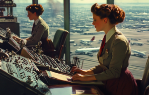 AI rendering of two women working in an air traffic control tower