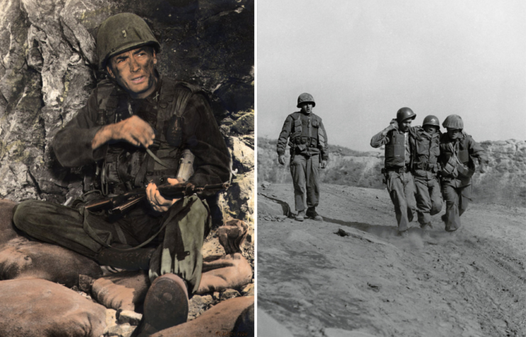 Gregory Peck in military uniform + Two soldiers supporting an injured soldier, while another walks beside them