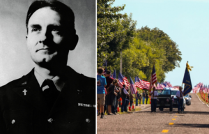 Military portrait of Emil J. Kapaun + funeral motorcade