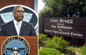 Secretary of Defense Lloyd J. Austin standing behind a podium + the entrance to Fort Bragg