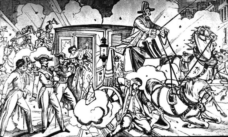 Illustration of the Orsini Affair, showing an explosion at a horse-drawn carriage, with a crowd standing around the scene