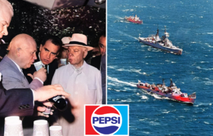 Nikita Krushchev and Richard Nixon drinking Pepsi at the American National Exhibition + Three Russian battleships sailing in the ocean + Pepsi logo