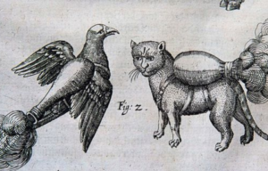 Illustration of a pigeon and a cat with incendiaries attached to their backs