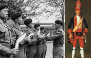 Members of the 63rd Gurkha Brigades having their Kukri Knives inspected by a superior + Military portrait of Potsdam Giant