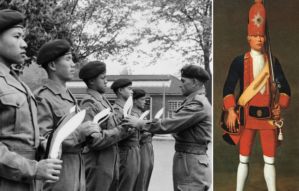 Members of the 63rd Gurkha Brigades having their Kukri Knives inspected by a superior + Military portrait of Potsdam Giant