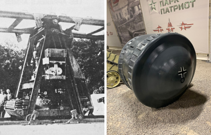 Men standing with the Boirault Machine outside + Kugelpanzer on display