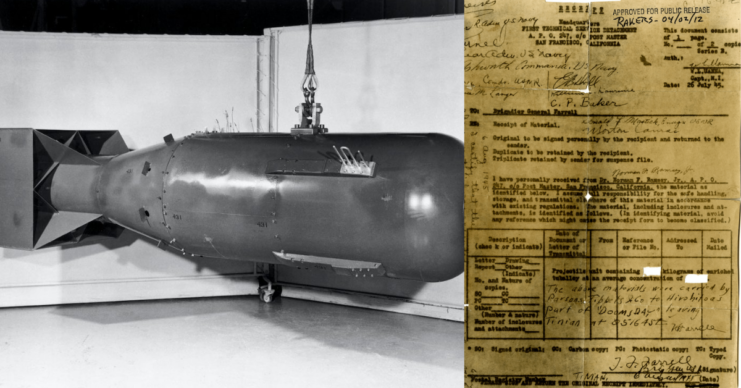 Replica of the Little Boy atomic bomb on display + Mock-up of the receipt for the Little Boy atomic bomb