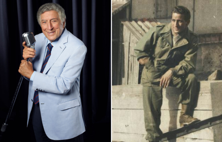 Portrait of Tony Bennett + Tony Bennett leaning against a cement wall, with a young boy looking at him