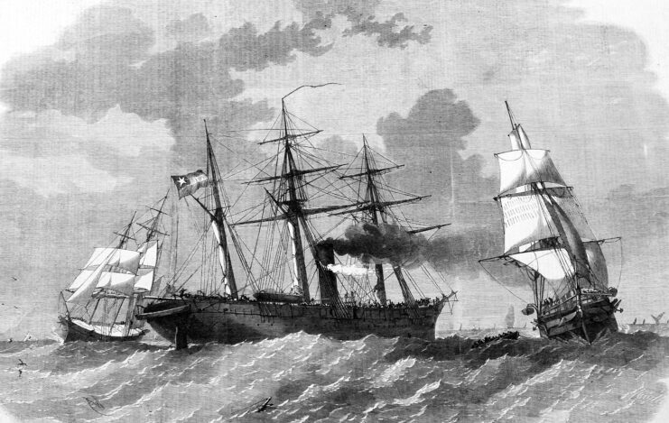 Illustration of the Trent Affair, showing the RMS Trent and the USS San Jacinto (1850) at sea, with another ship in the background