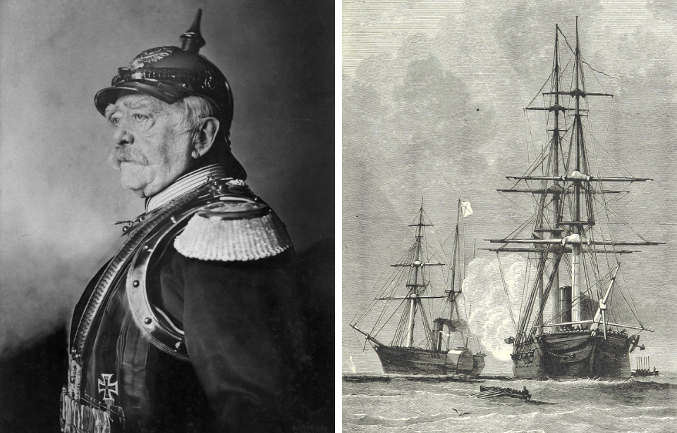 Portrait of Otto von Bismarck + Illustration of the Trent Affair, showing the RMS Trent and the USS San Jacinto (1850) at sea