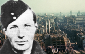 Aerial view of a bombed London, United Kingdom + Military portrait of Gordon Cummins