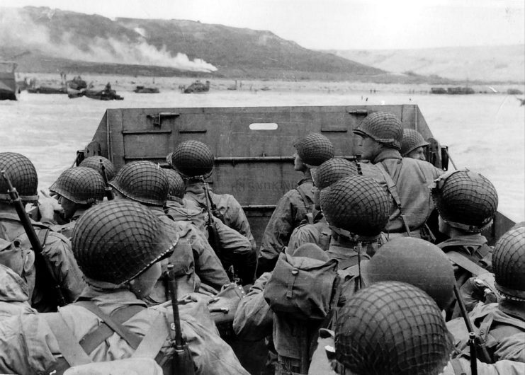 American troops approaching Omaha Beach on a landing craft
