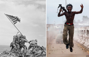 US Marines raising the American flag on Mount Suribachi + Joseph Duo jumping in the air while holding a grenade launcher