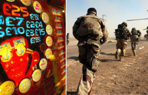 Close up of a slot machine + Soldiers running toward a helicopter