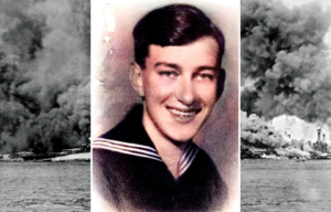 Naval portrait of Keefe Connolly + USS Oklahoma surrounded by smoke