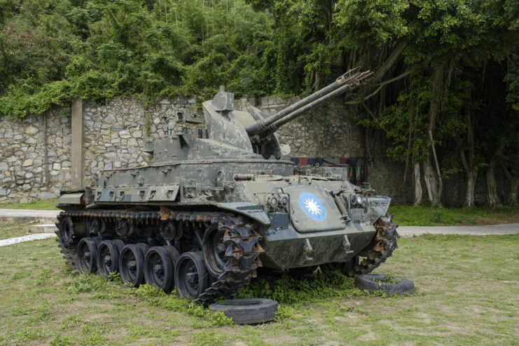 Side view of a Vietnam war-era M42 Duster on display on Dadan Island, Taiwan.