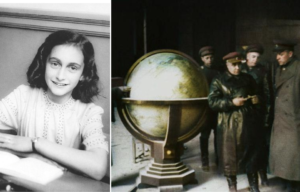 Anne Frank sitting at a desk + Soviet military officials standing beside the Columbus Globe for State and Industry Leaders