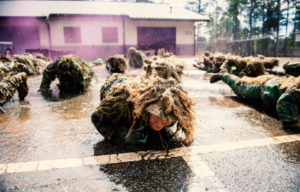 Students at the US Army Sniper School lying on their stomachs