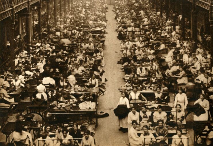 Overhead view of women working in a clothing factory